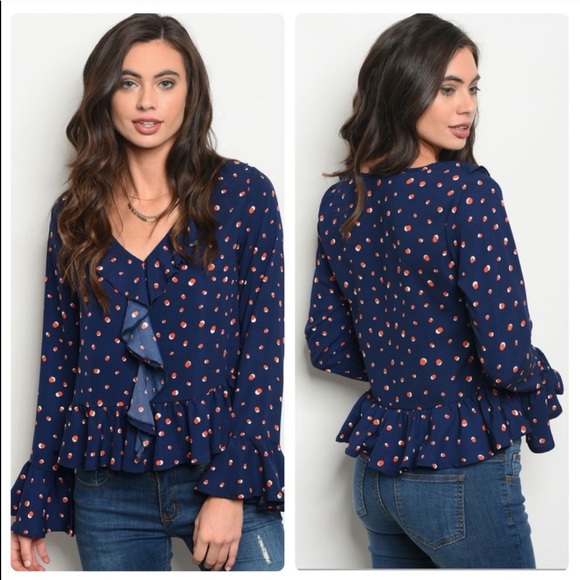 Navy Blue Ruffle Blouse 🦋 - Picture 1 of 4